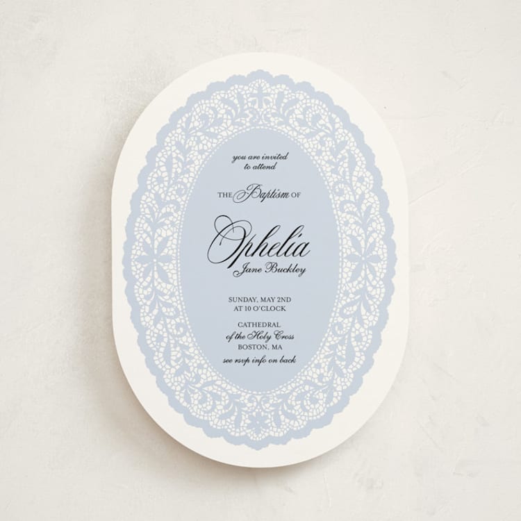 "Lace Oval" - Baptism and Christening Invitations in Powder by Studio Suku - Front