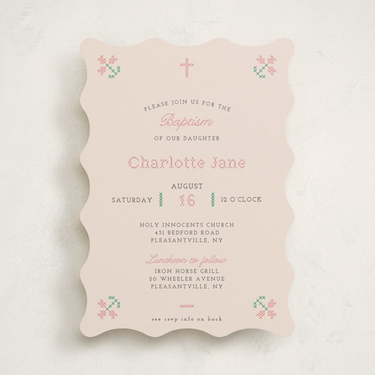 "Cross Stitched" - Baptism and Christening Invitations in Peony by Annie Holmquist - Front