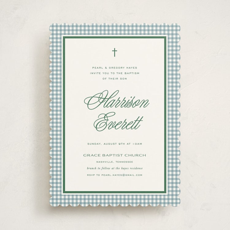 "Mini Gingham" - Baptism and Christening Invitations in Pond by Kelly Watkins - Front