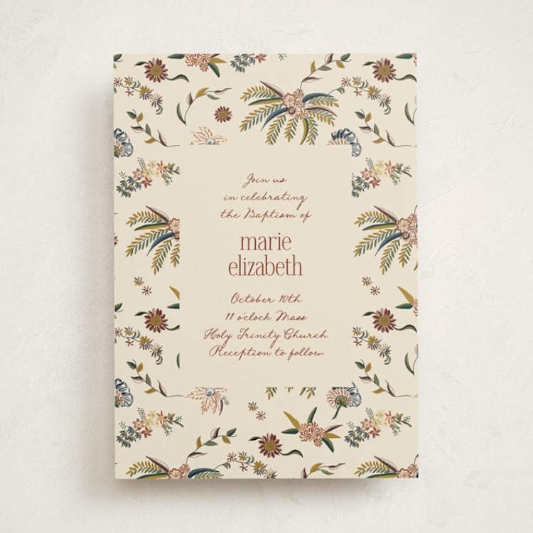 "Silk Floral Print" - Baptism and Christening Invitations in Tan by Becky Nimoy - Front