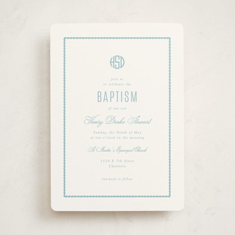 "Circle Monogram" - Baptism and Christening Invitations in Robins Egg by Olivia Raufman - Front