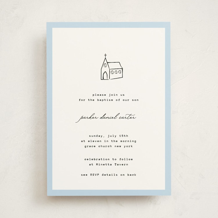 "Modern Chapel" - Baptism and Christening Invitations in Sky by Jennifer Lew - Front