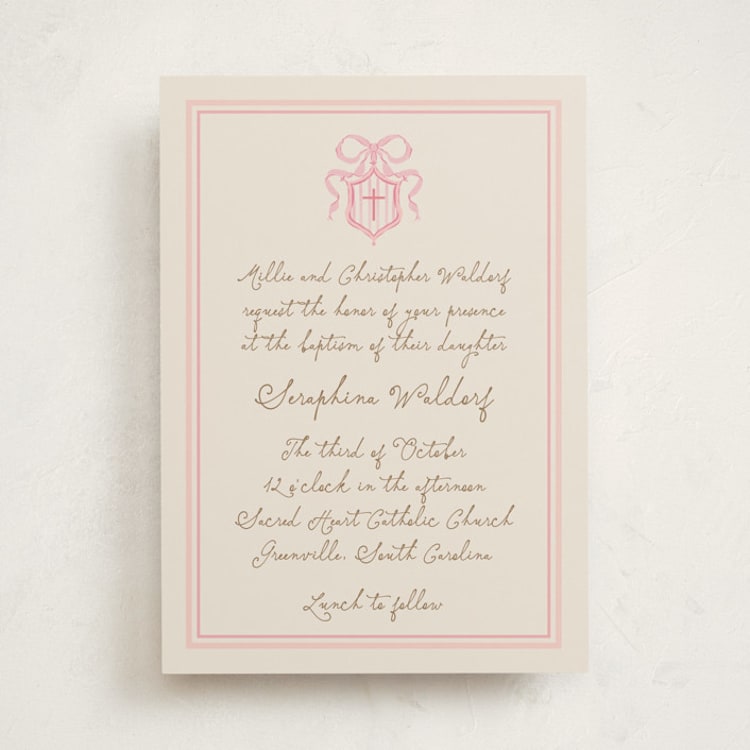 "Little Bow Crest" - Baptism and Christening Invitations in Peony by Jackie Crawford - Front