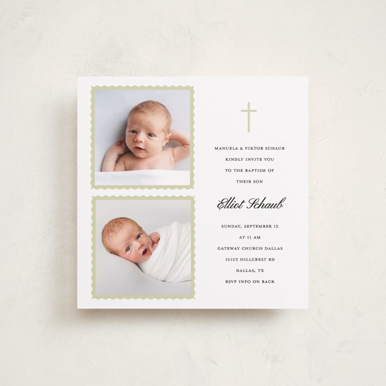 "Photo Framed" - Baptism and Christening Invitations in Sage by Sherley Ferreira - Front
