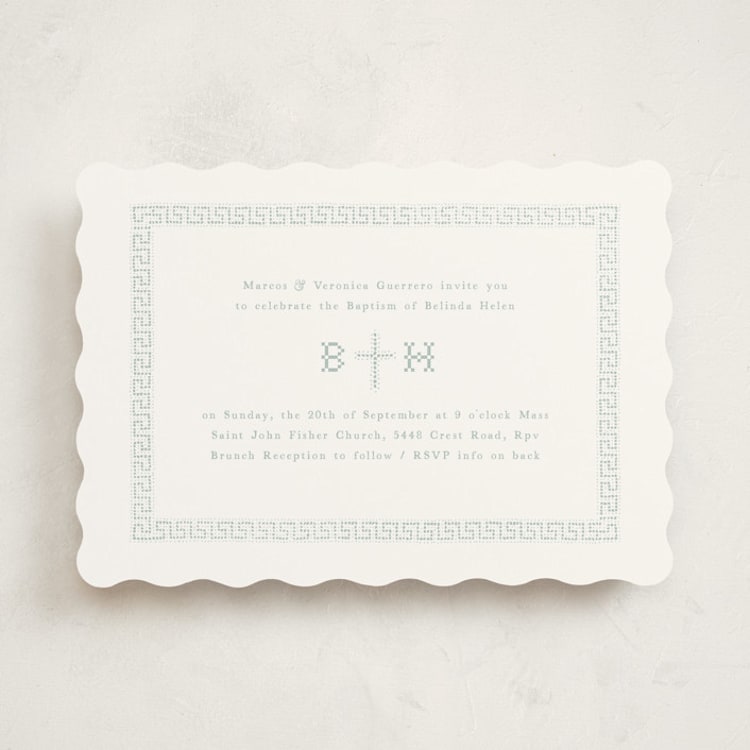 "Cross Stitch" - Baptism and Christening Invitations in Jade by Becky Nimoy - Front