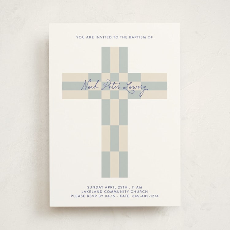 "Geo Cross" - Baptism and Christening Invitations in Celestial by Gwen Bedat - Front
