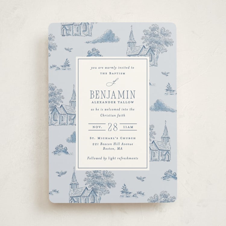 "Churchyard Toile" - Baptism and Christening Invitations in Sky by Corinne Malesic - Front