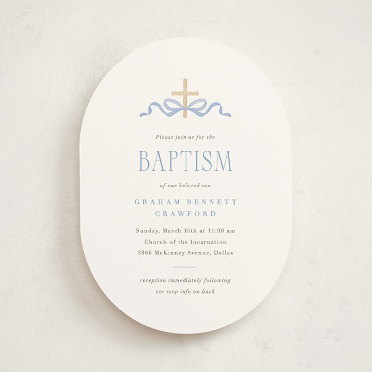 "Ribbon and Cross" - Baptism and Christening Invitations in Celestial by Olivia Raufman - Front