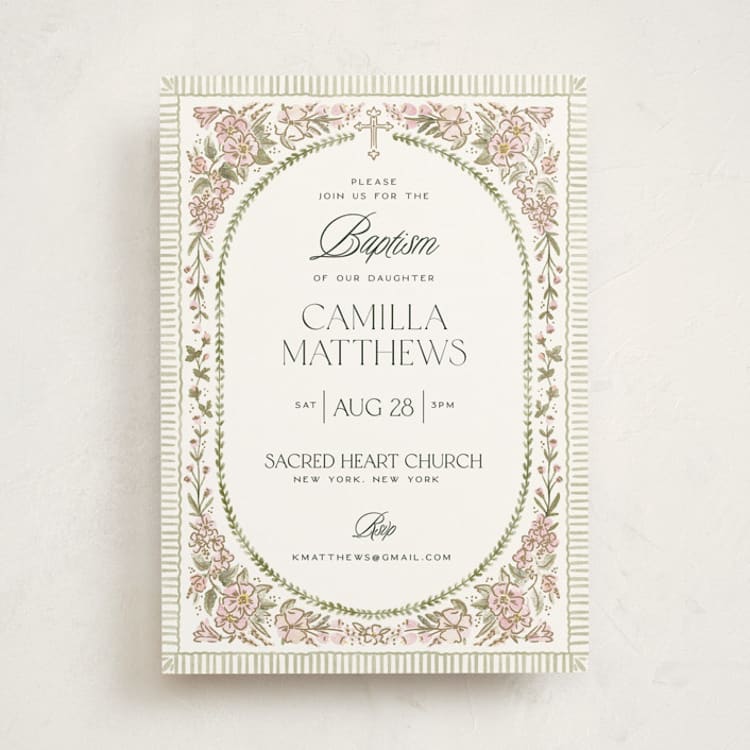 "Wildflower Frame" - Baptism and Christening Invitations in Rose by Jenna Holcomb - Front