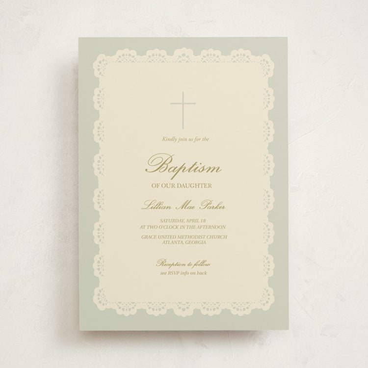 "Vintage Lace" - Baptism and Christening Invitations in Sage by Rina Ozum - Front