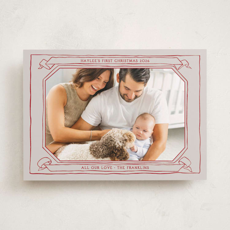 "Scroll" - Holiday Birth Announcement Cards in Berry by Inkblot Design - Front
