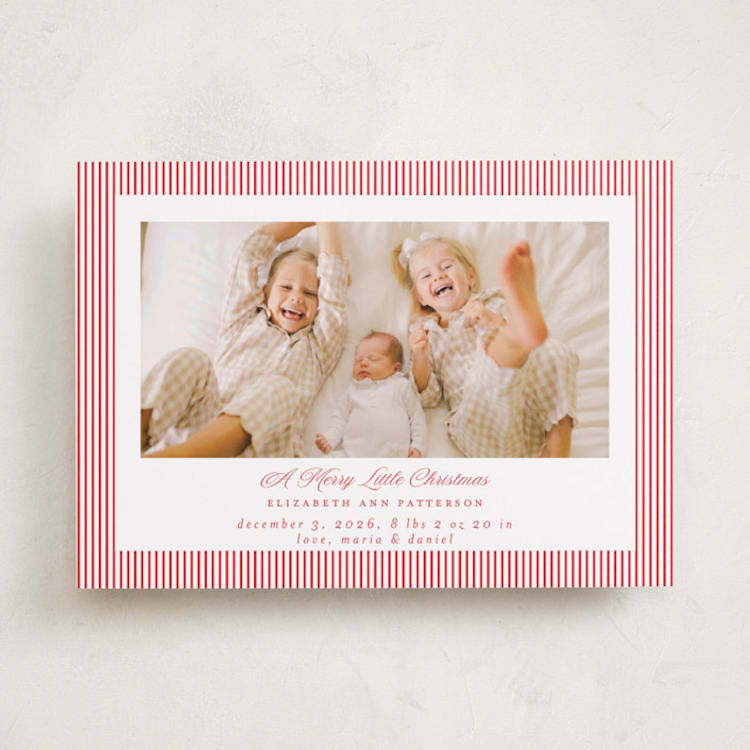 "Holiday Baby Stripes" - Holiday Birth Announcement Cards in Cranberry by Jennifer Holbrook - Front