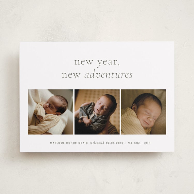 "Awaits" - Holiday Birth Announcement Cards in Forest by Blustery August - Front