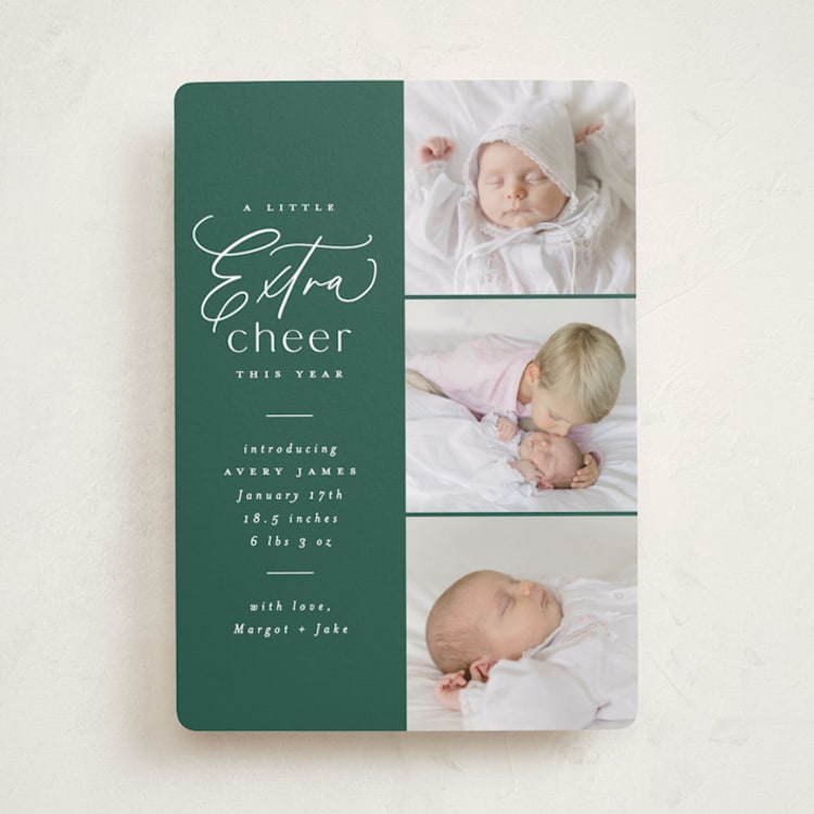 "Extra Cheer Here" - Holiday Birth Announcement Cards in Fir by Everett Paper Goods - Front