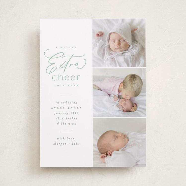 "Extra Cheer Here" - Holiday Birth Announcement Cards in Mint by Everett Paper Goods - Front