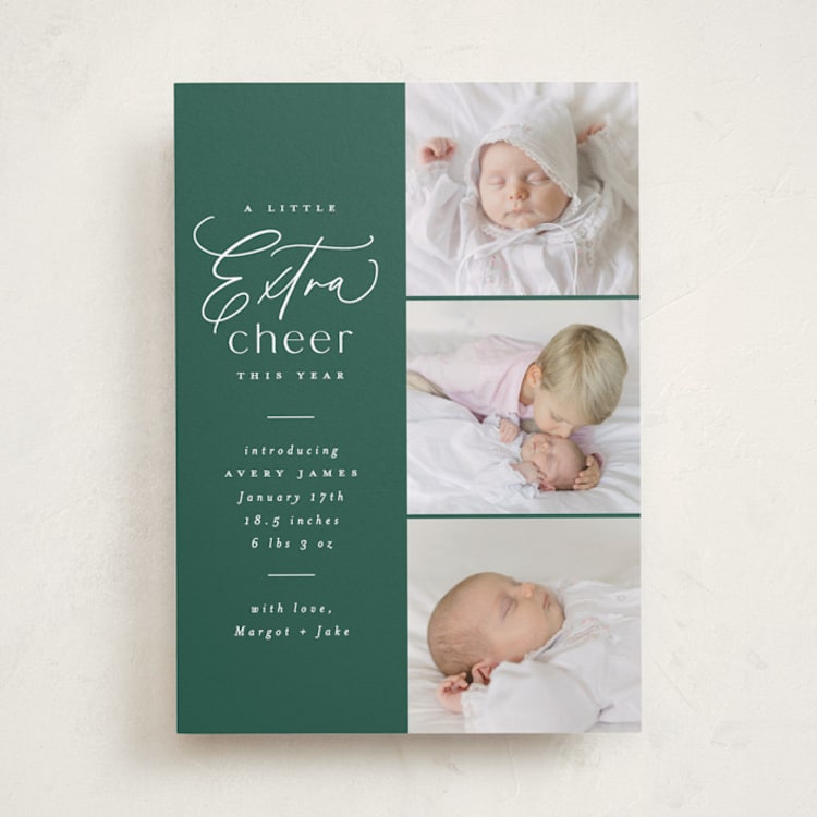 "Extra Cheer Here" - Holiday Birth Announcement Cards in Fir by Everett Paper Goods - Front