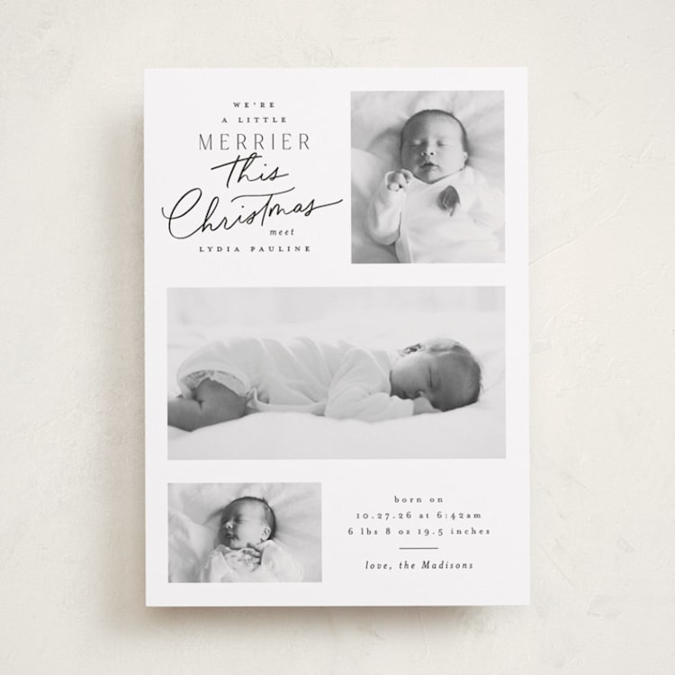 "Merrier This Year" - Holiday Birth Announcement Cards in Snow by Everett Paper Goods - Front