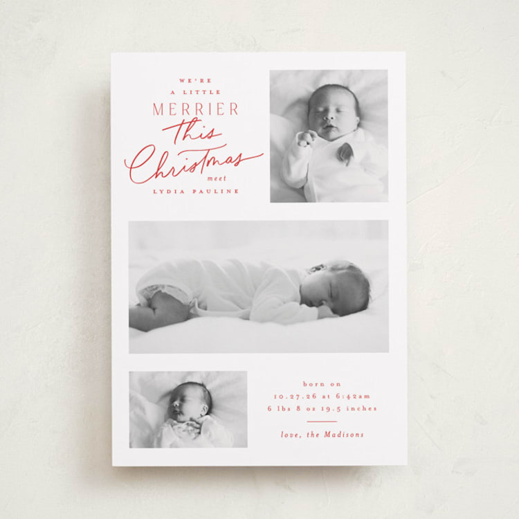"Merrier This Year" - Holiday Birth Announcement Cards in Caramel Apple by Everett Paper Goods - Front