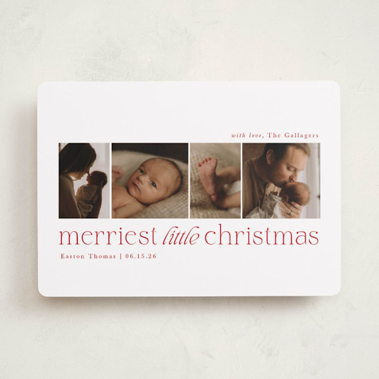 "Little Merriest" - Holiday Birth Announcement Cards in Cranberry by Sarah Brown - Front