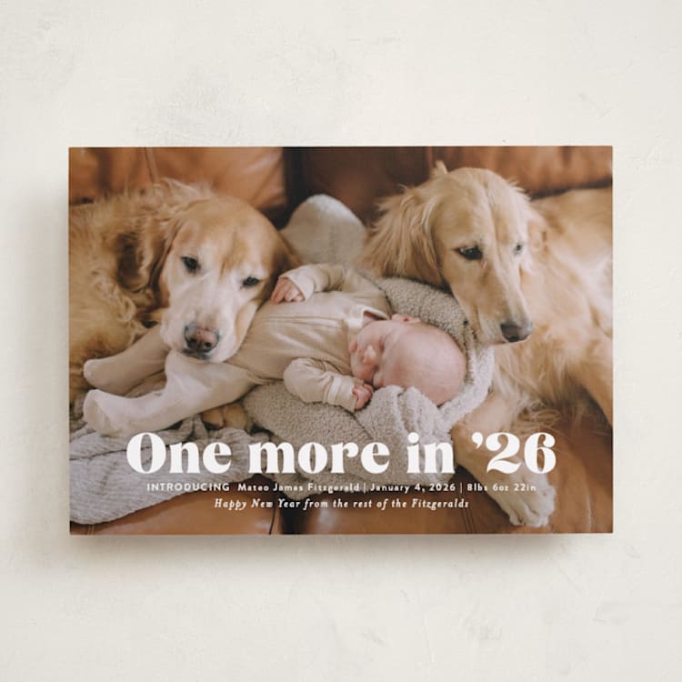 "There is one more" - Holiday Birth Announcement Cards in Snow by Jackie Crawford - Front