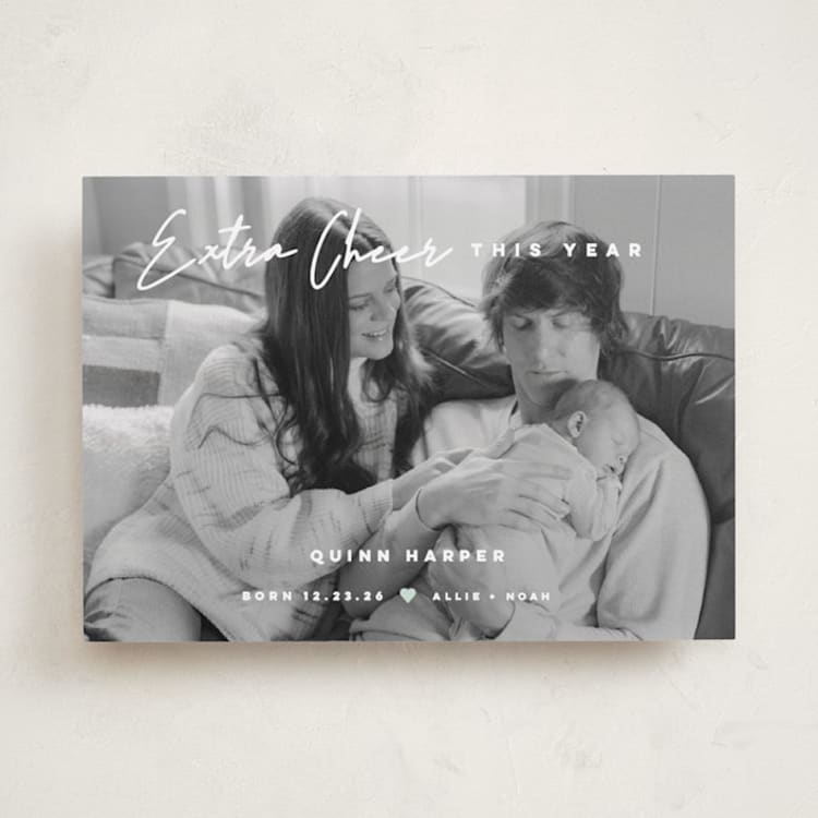"Extra Cheer" - Holiday Birth Announcement Cards in Snow by fatfatin - Front