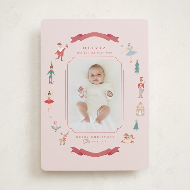 "Festive Dreams" - Holiday Birth Announcement Cards in Candy Cane by Teju Reval - Front