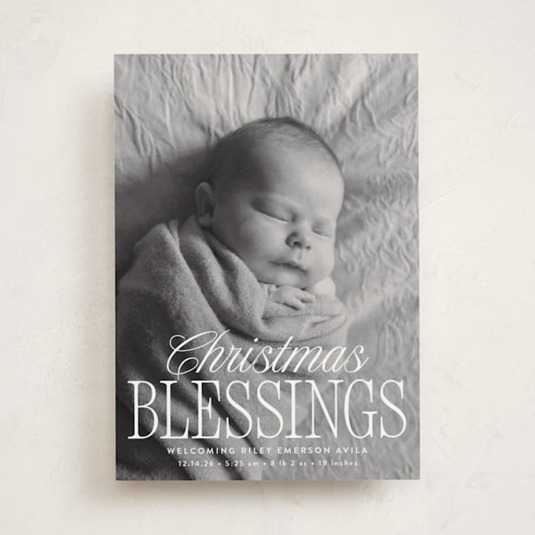 "blessed welcome" - Holiday Birth Announcement Cards in Snow by Susan Asbill - Front