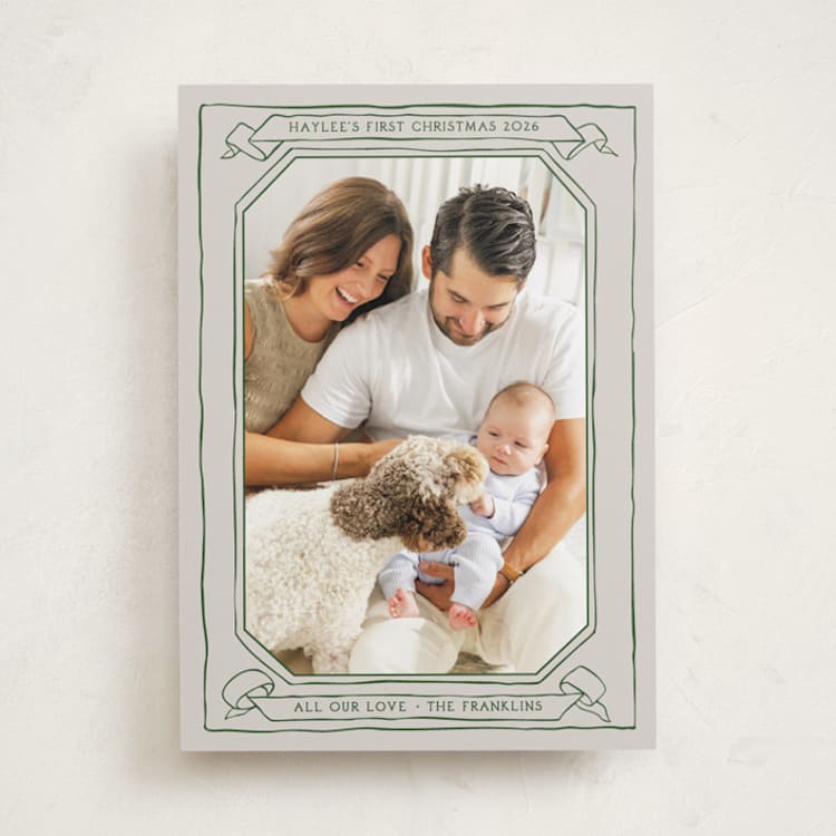 "Scroll" - Holiday Birth Announcement Cards in Evergreen by Inkblot Design - Front