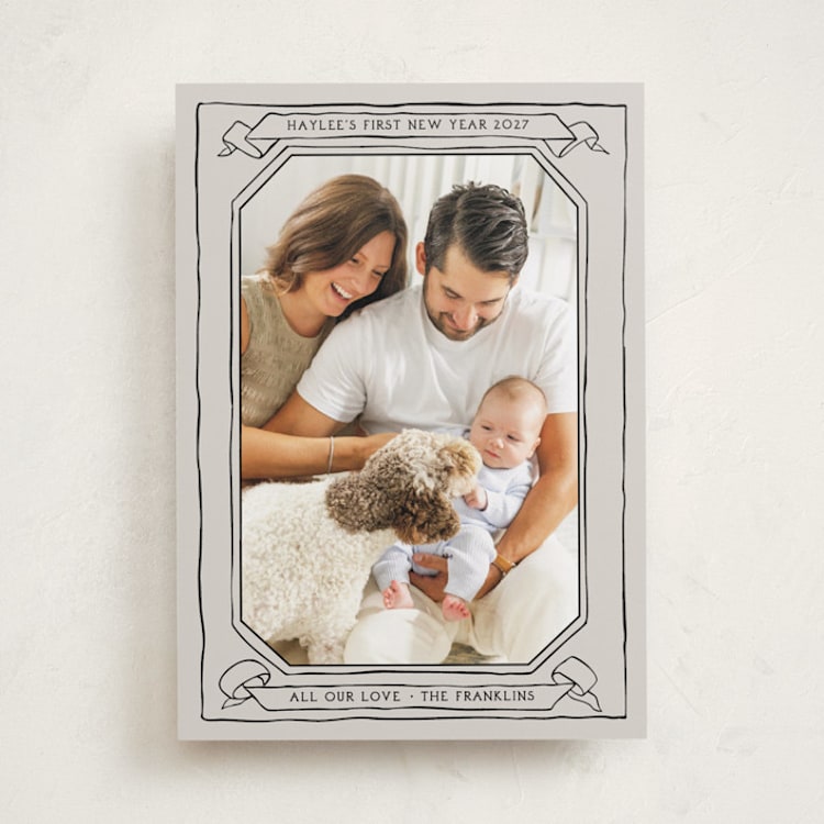 "Scroll" - Holiday Birth Announcement Cards in Midnight by Inkblot Design - Front