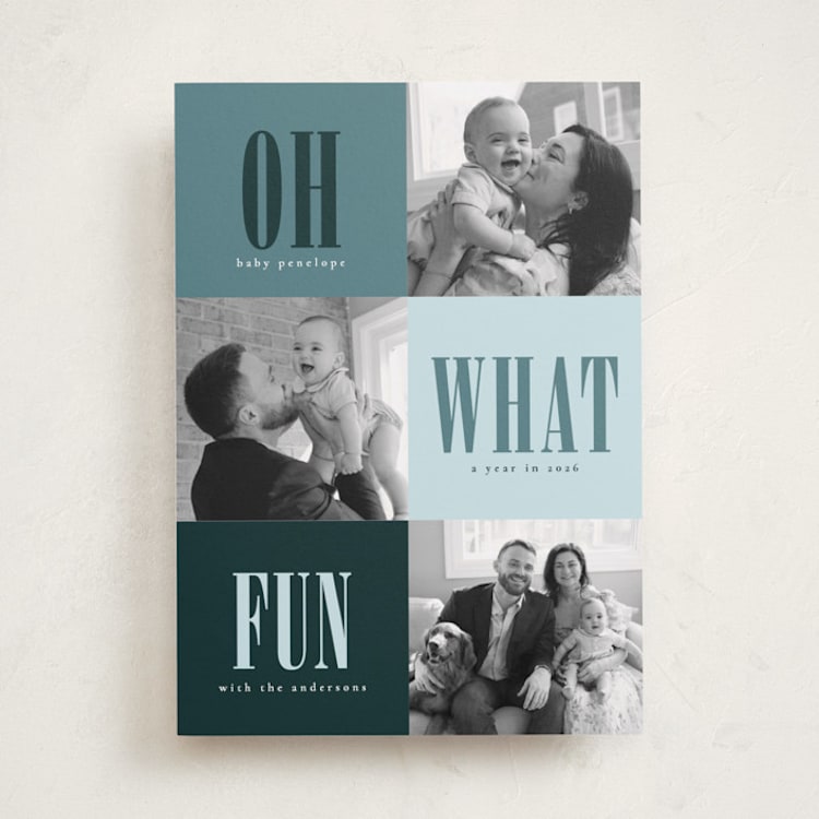 "Oh What Fun" - Holiday Birth Announcement Cards in Blue Spruce by Stacy Maalouf - Front