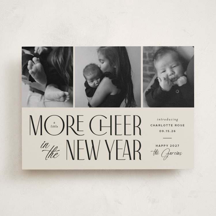 "More Cheer" - Holiday Birth Announcement Cards in Vanilla by Heather Schertzer - Front