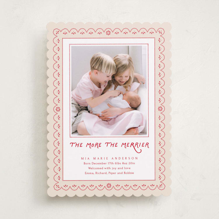 "holiday scallop lace" - Holiday Birth Announcement Cards in Cardinal by Kanika Mathur - Front