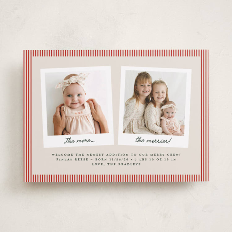 "A Little Merrier" - Holiday Birth Announcement Cards in Poinsettia by Erica Krystek - Front