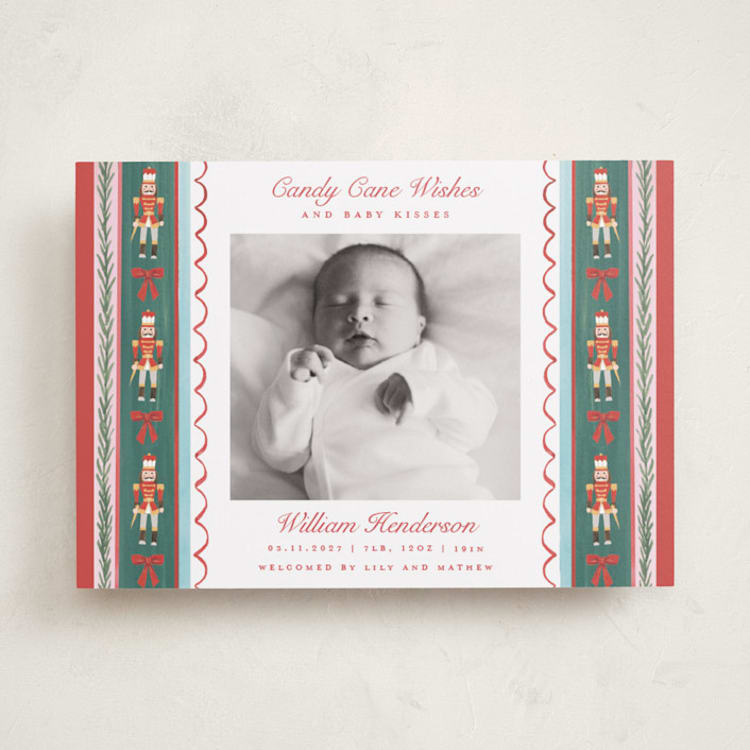 "Nutcracker Lace" - Holiday Birth Announcement Cards in Candy Cane by Teju Reval - Front