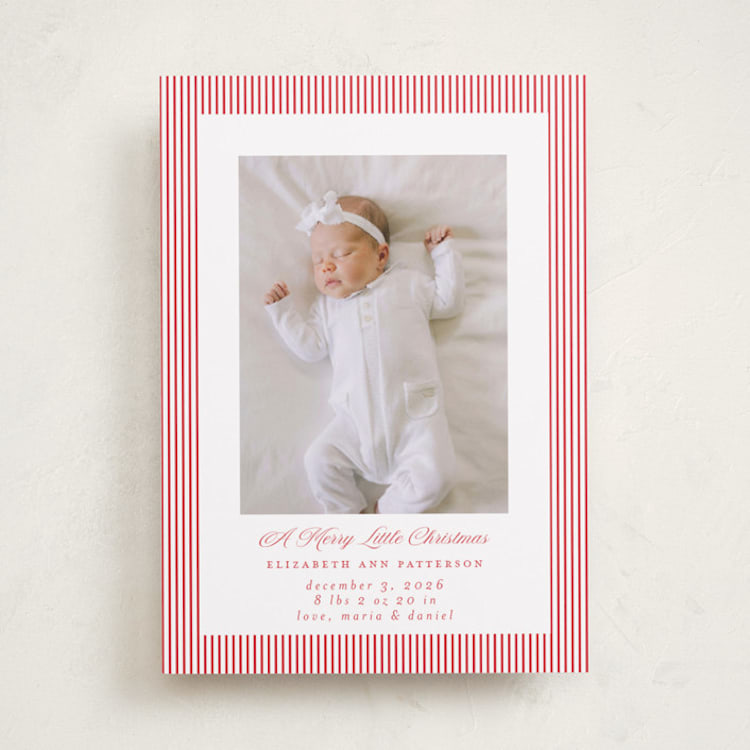 "Holiday Baby Stripes" - Holiday Birth Announcement Cards in Cranberry by Jennifer Holbrook - Front