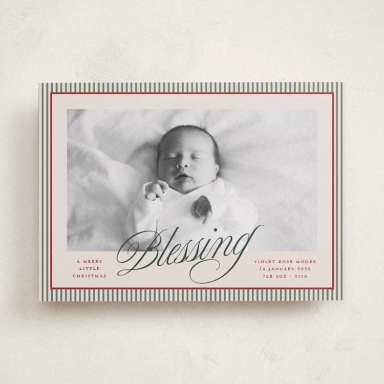 "A merry little Christmas blessing" - Holiday Birth Announcement Cards in Pine by Blustery August - Front