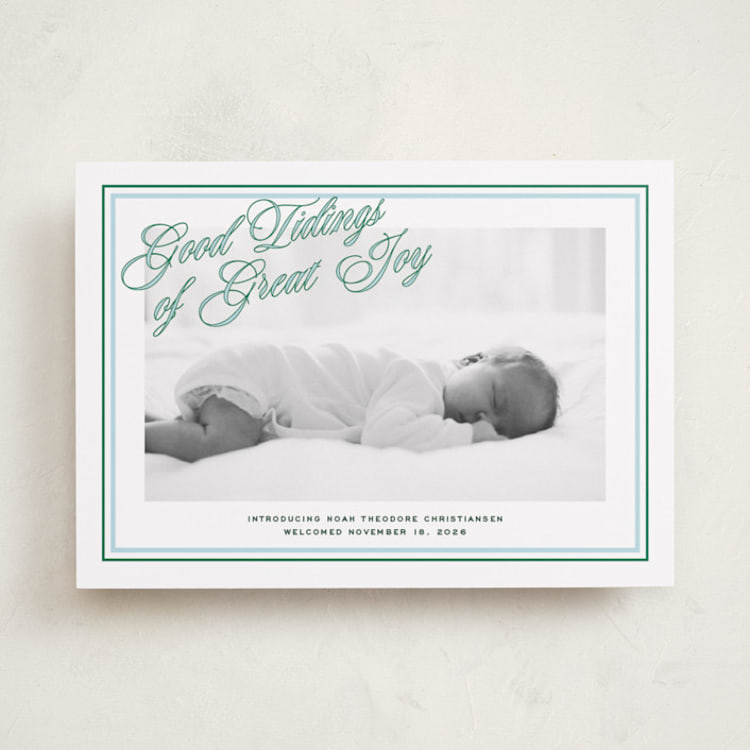"Joyous Classic" - Holiday Birth Announcement Cards in Powder by Jenna Holcomb - Front