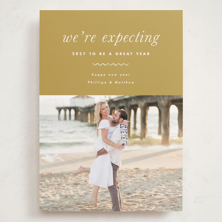 "Expecting" - Holiday Birth Announcement Cards in Sunshine by Corinne Malesic - Front