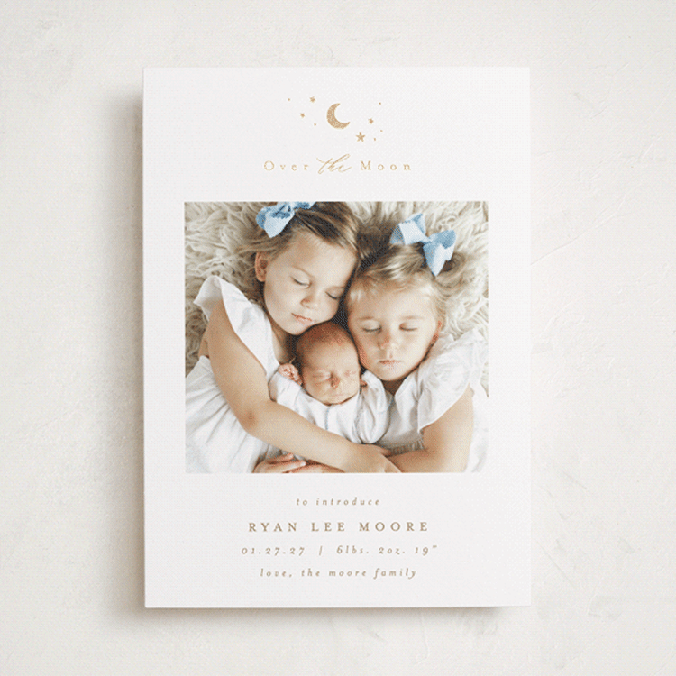 "Over the Moon" - Birth Announcements in Fawn by AK Graphics - Front