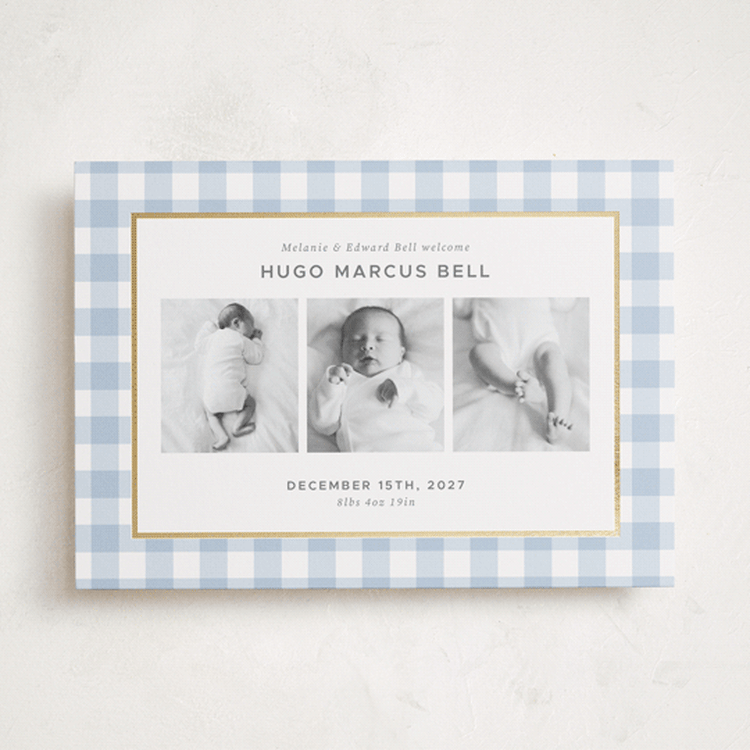 "Soft Gingham" - Birth Announcements in Powder by letterfix - Front