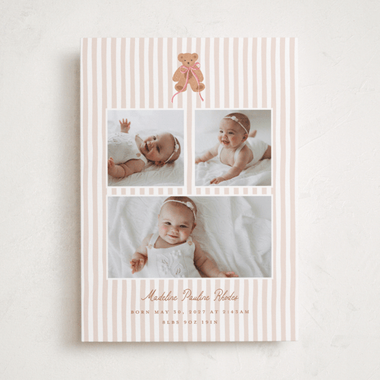 "Teddy Bear Stripes" - Birth Announcements in Pinky by Erin German - Front