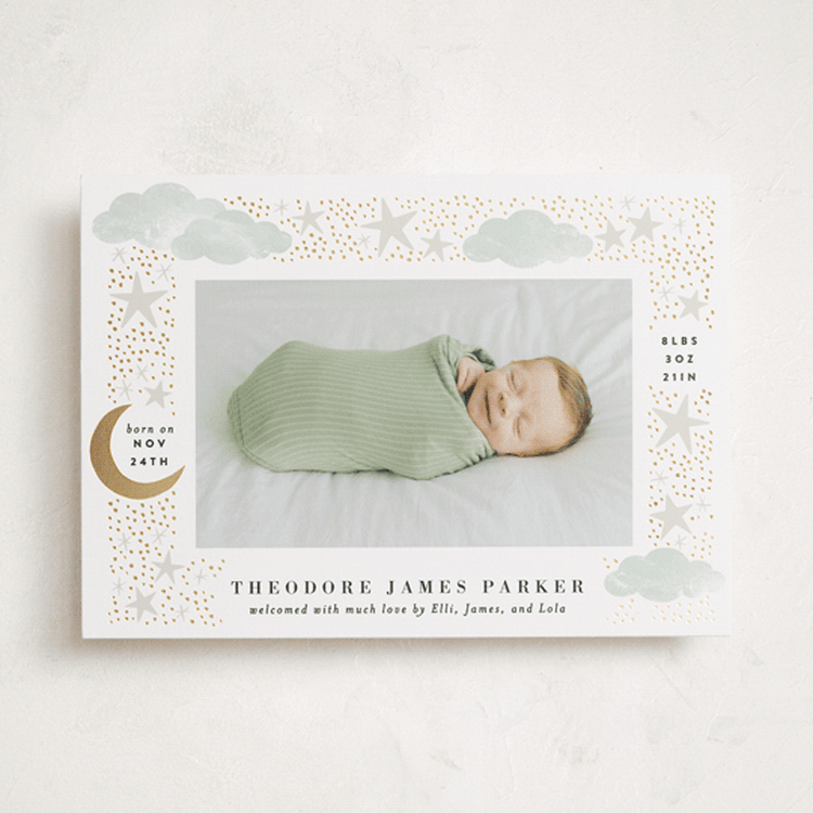 "Nighttime" - Birth Announcements in Mint by Alethea and Ruth - Front