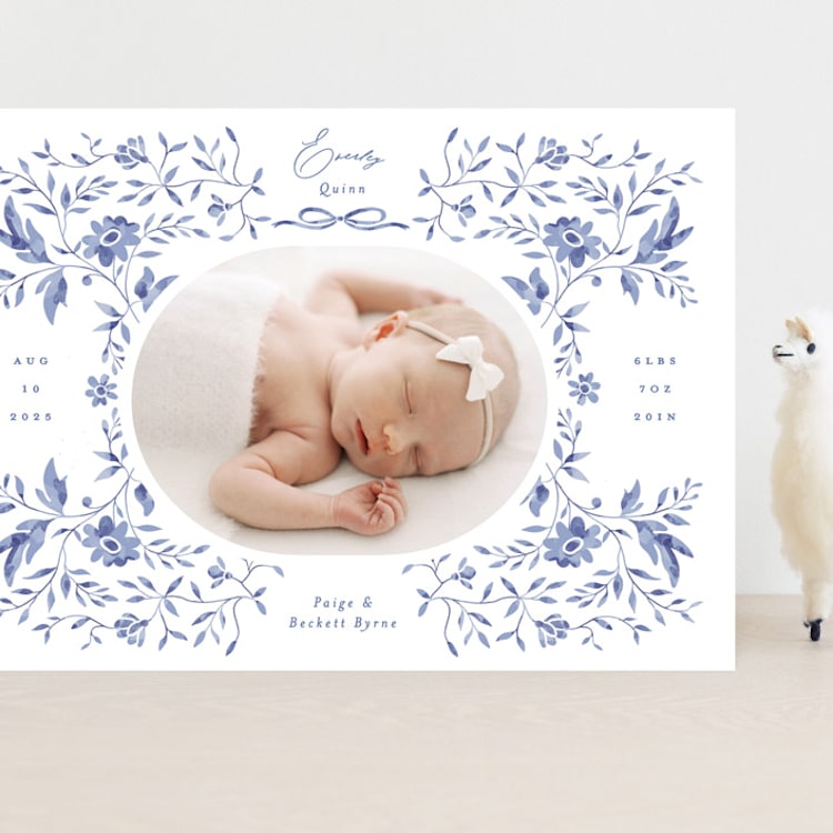 "Daisy Toile" - Birth Announcements in Bluebird by Susan Zinader - Front