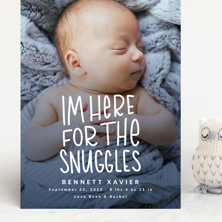 "Snuggles" - Birth Announcements in Dusty Blue by Megan Cash - Front