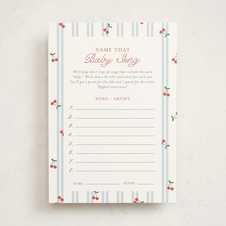 "Cherry Sweet Stripe" - Baby Shower Game Cards in Sky by Leia Matt - Front
