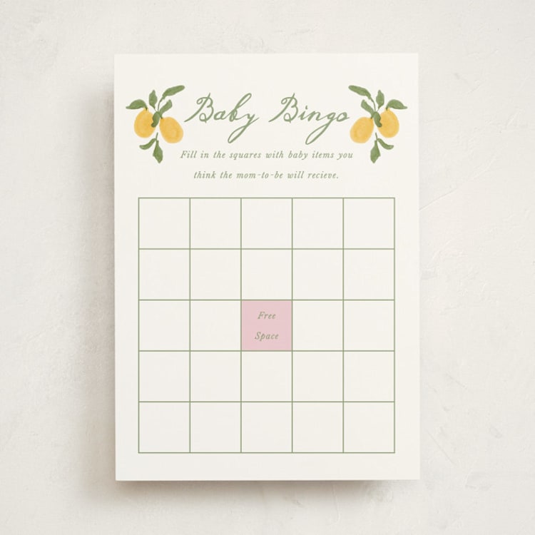 "Lemon and Ribbon" - Baby Shower Game Cards in Pink Lemonade by Angela Garrick - Front