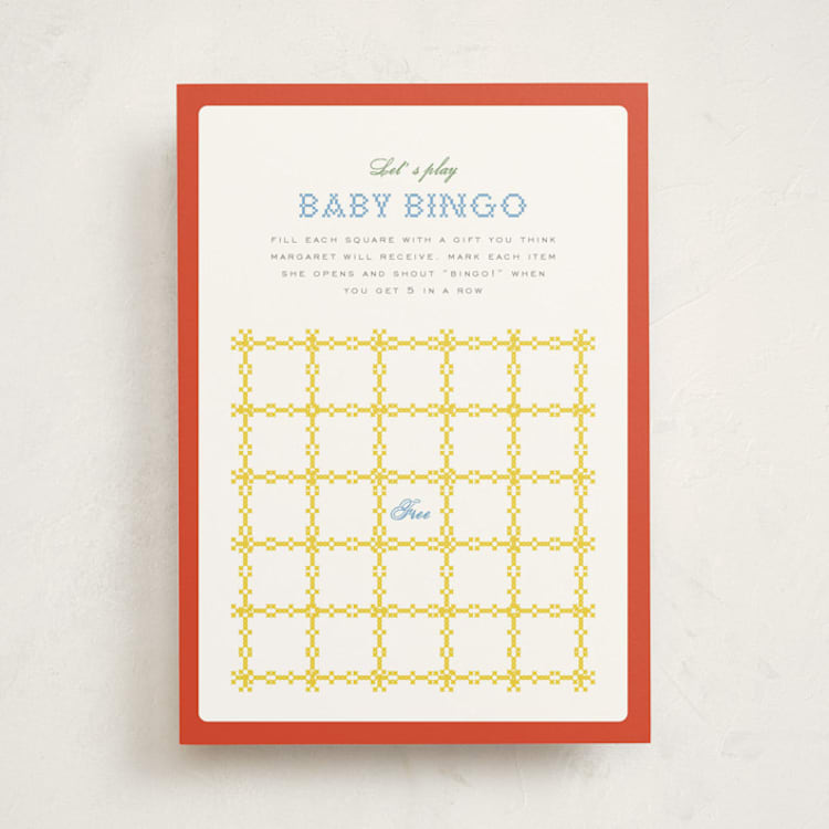 "Cross-Stitched Sampler" - Baby Shower Game Cards in Rainbow by Erin L. Wilson - Front