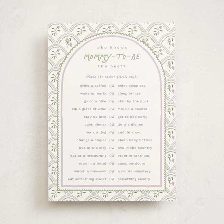 "Sweet Pea" - Baby Shower Game Cards in Lilac by Leah Bisch - Front