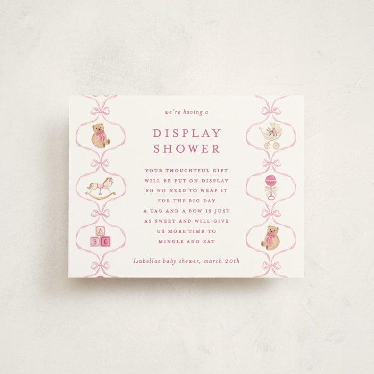 "Tied with a bow" - Baby Shower Insert Cards in Sakura by Sarah Knight - Front