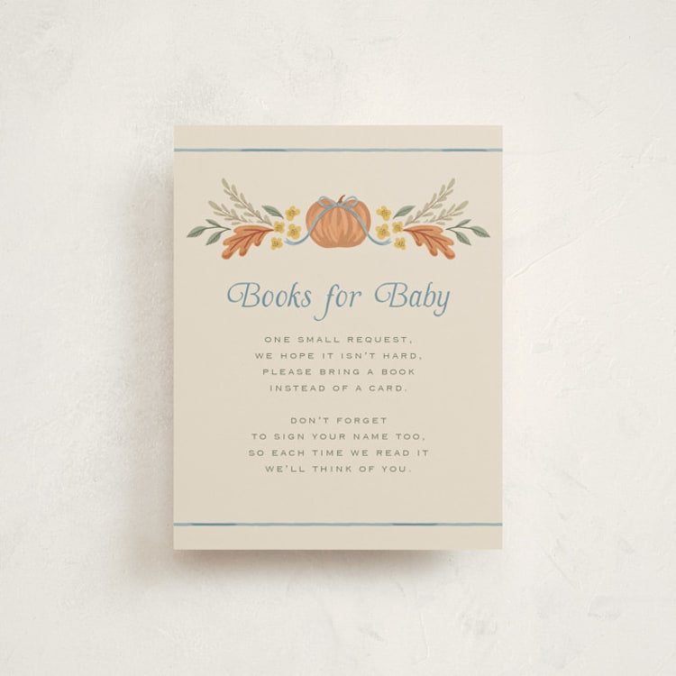 "Pumpkins + Bows" - Baby Shower Insert Cards in Cornflower by Laura Hankins - Front